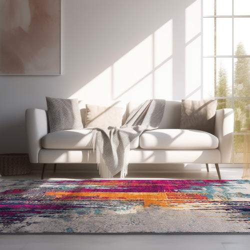 9’ x 13’ Gray and Magenta Abstract Area Rug