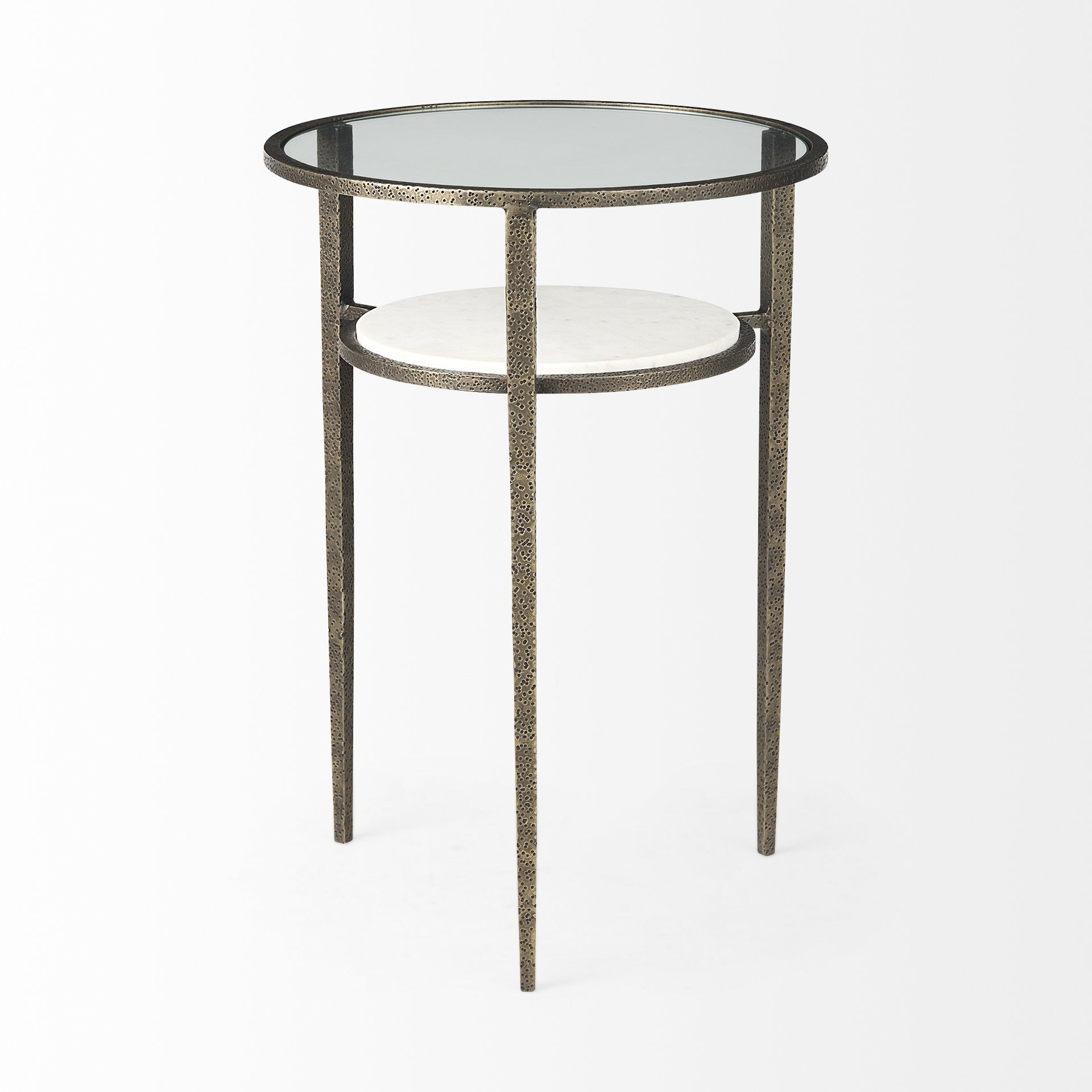 Updated Rustic Glass And Marble Antiqued Gold End Table