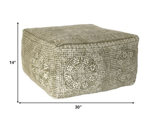 Olive Green Patterned Square Pouf