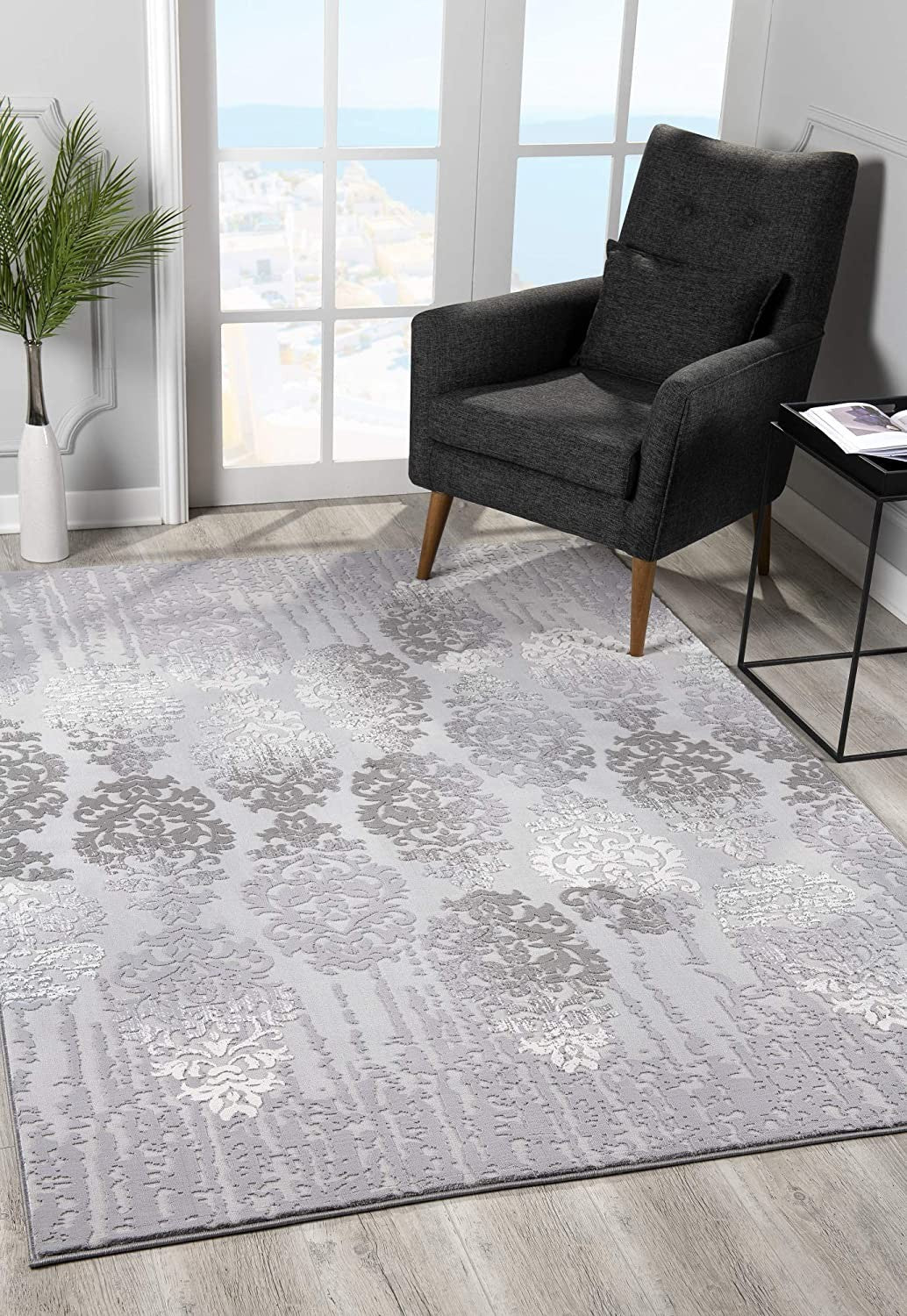 13' Runner Gray Damask Power Loom Runner Rug