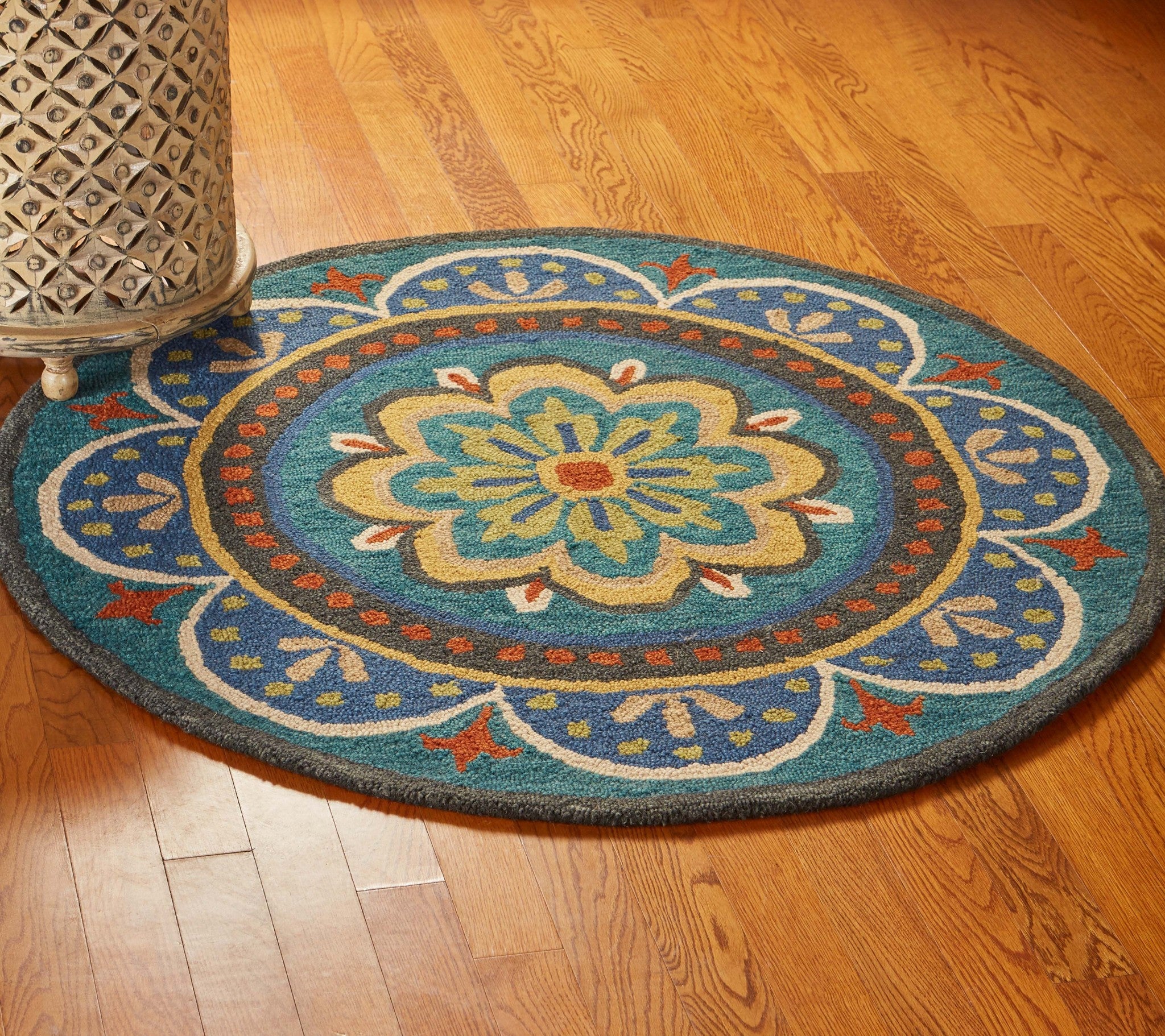 6' Blue Round Wool Geometric Hand Tufted Area Rug