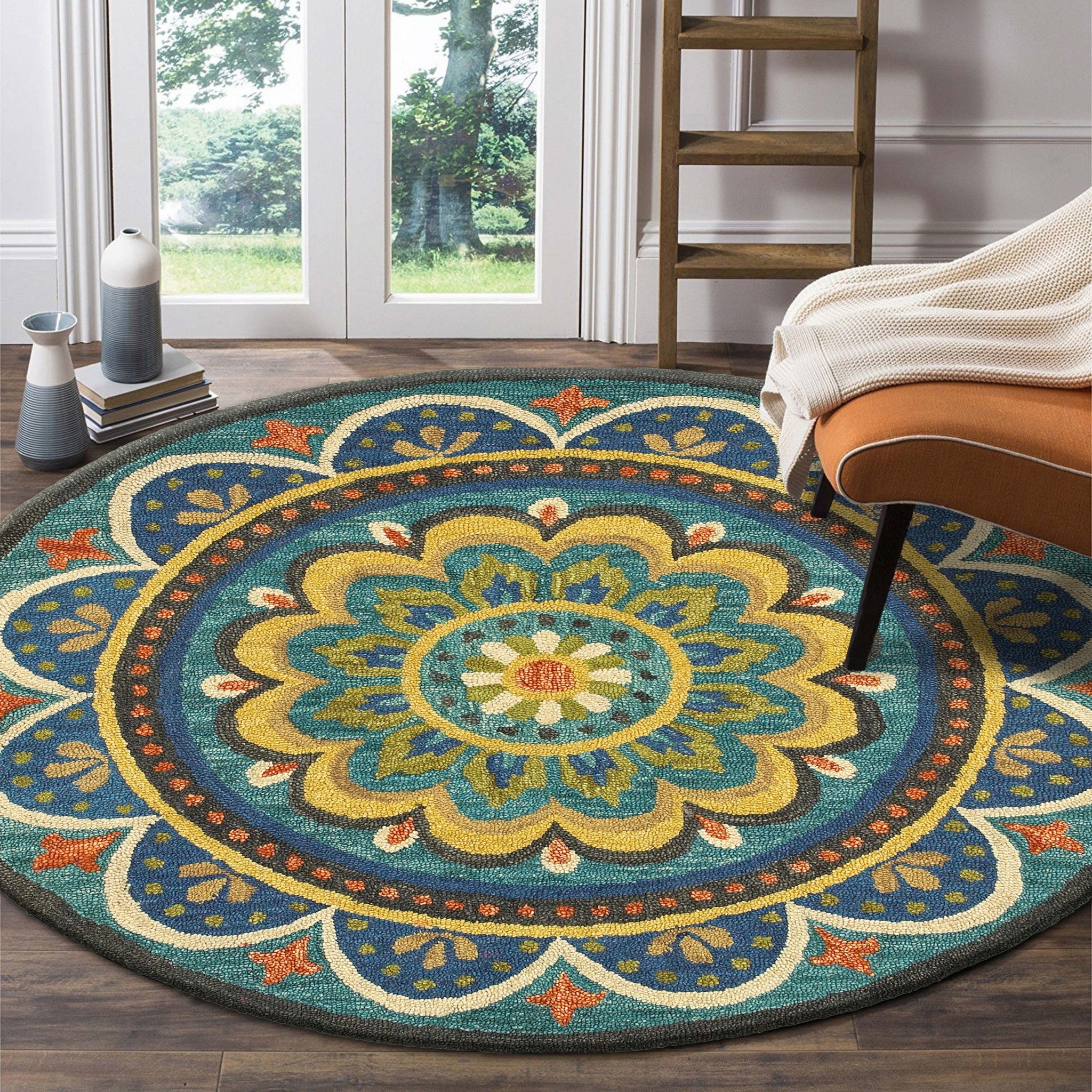 6' Blue Round Wool Geometric Hand Tufted Area Rug