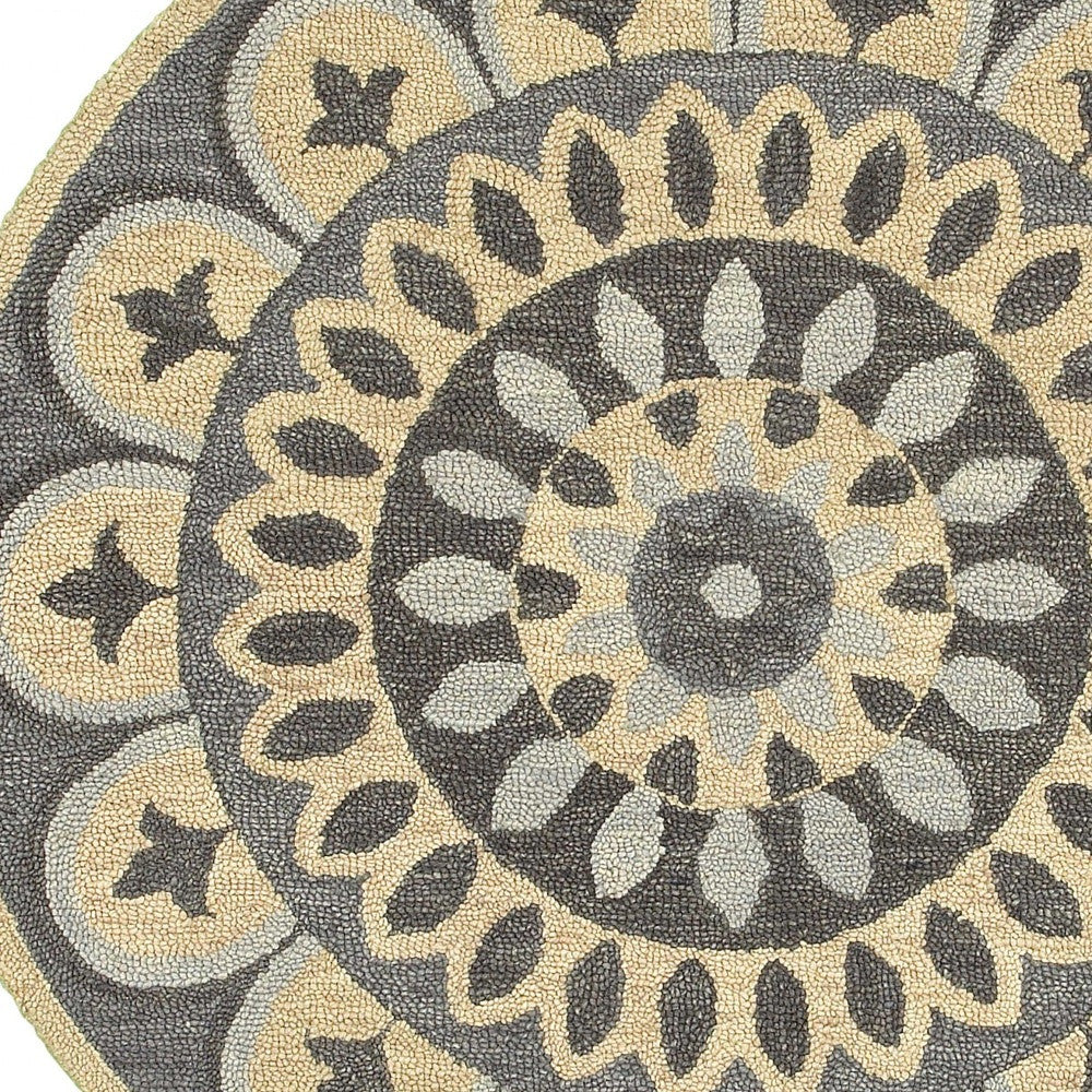 6' Gray Round Wool Geometric Hand Tufted Area Rug