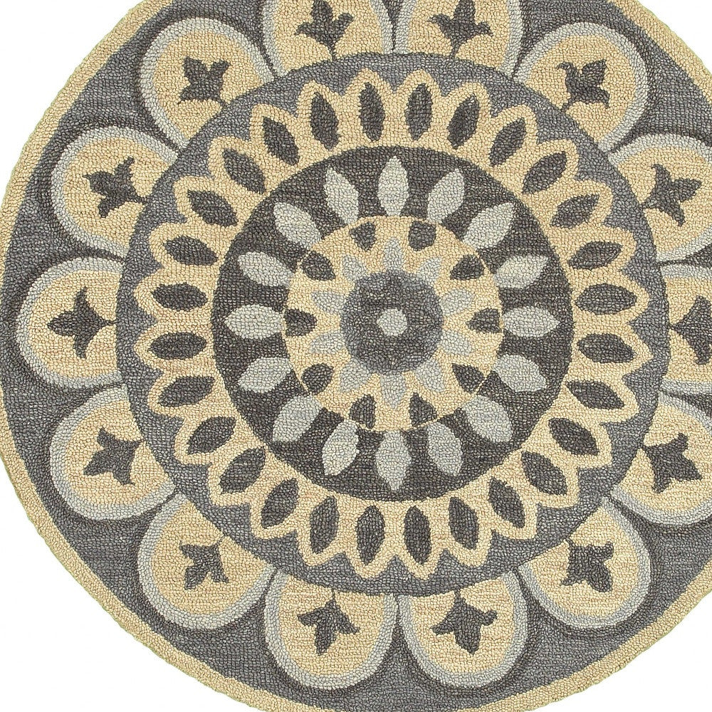 6' Gray Round Wool Geometric Hand Tufted Area Rug