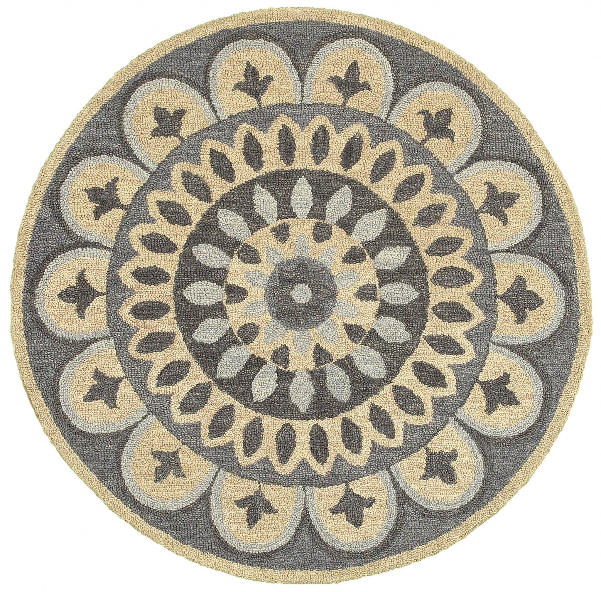 6' Gray Round Wool Geometric Hand Tufted Area Rug