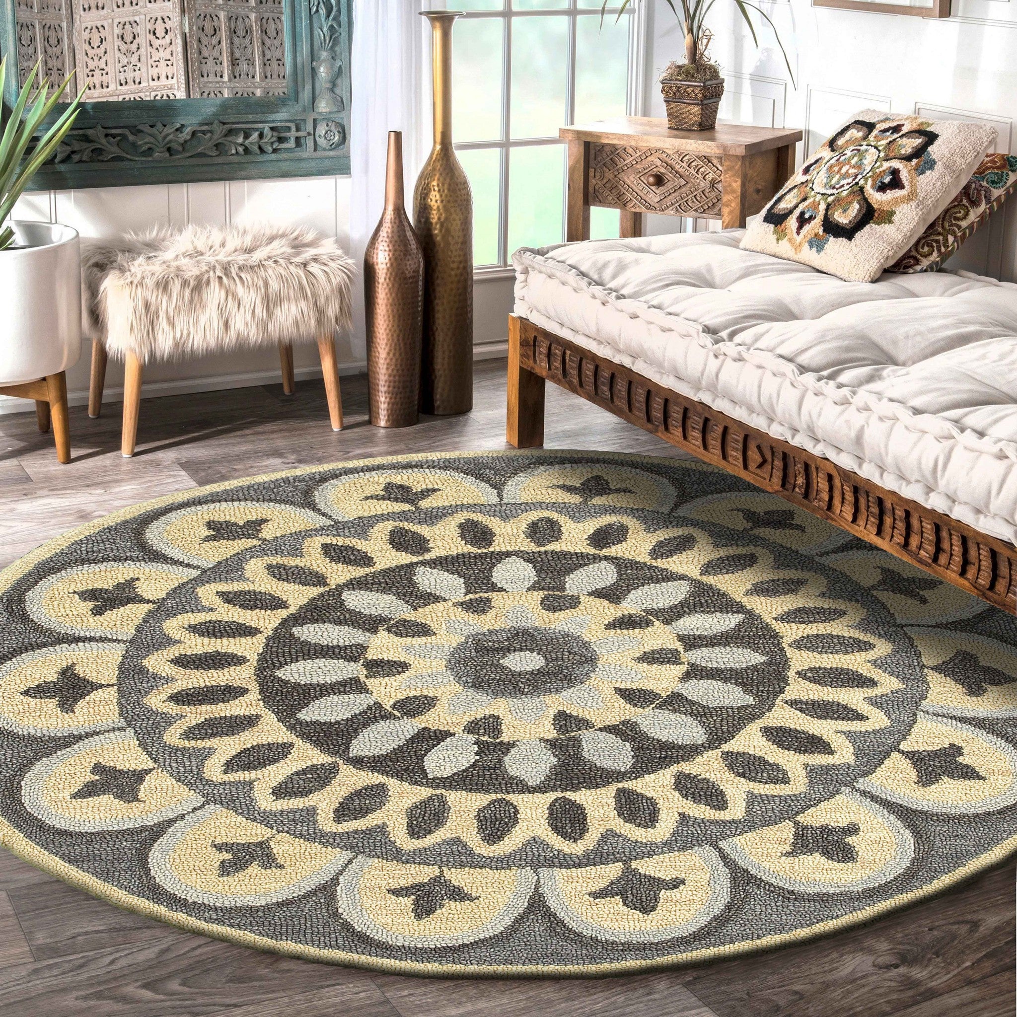 6' Gray Round Wool Geometric Hand Tufted Area Rug