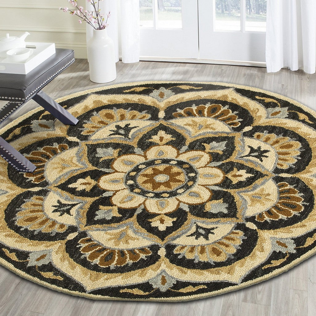 6' Black Round Wool Geometric Hand Tufted Area Rug