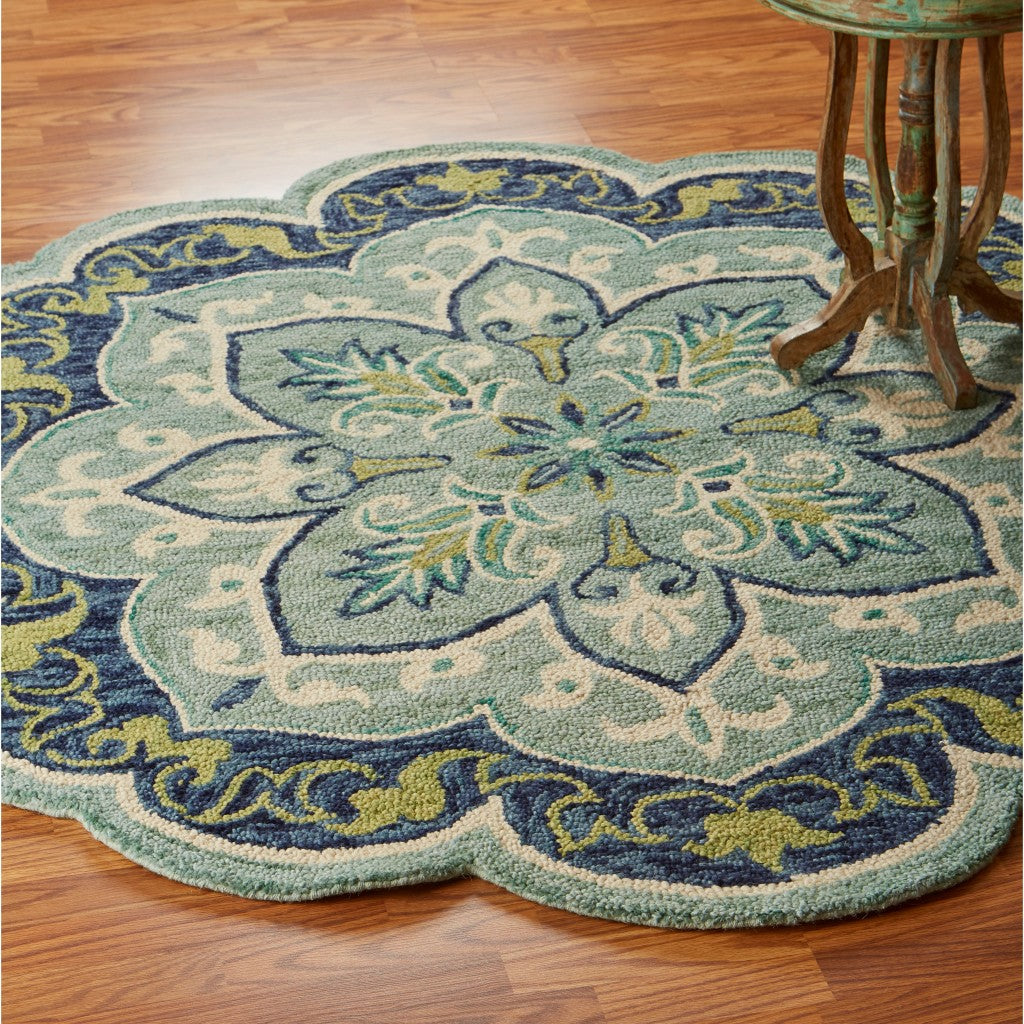 4’ Round Blue Ornate Medallion Area Rug