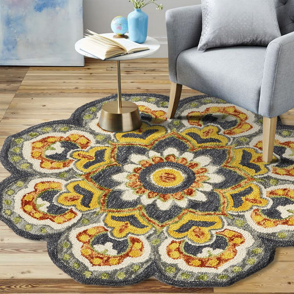 6' Gray Round Wool Geometric Hand Tufted Area Rug