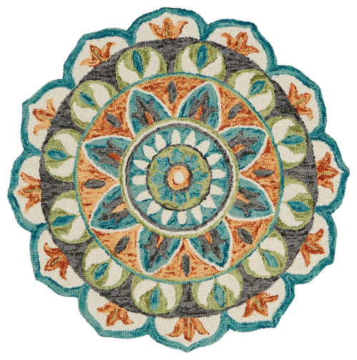 4’ Round Blue And Orange Medallion Area Rug