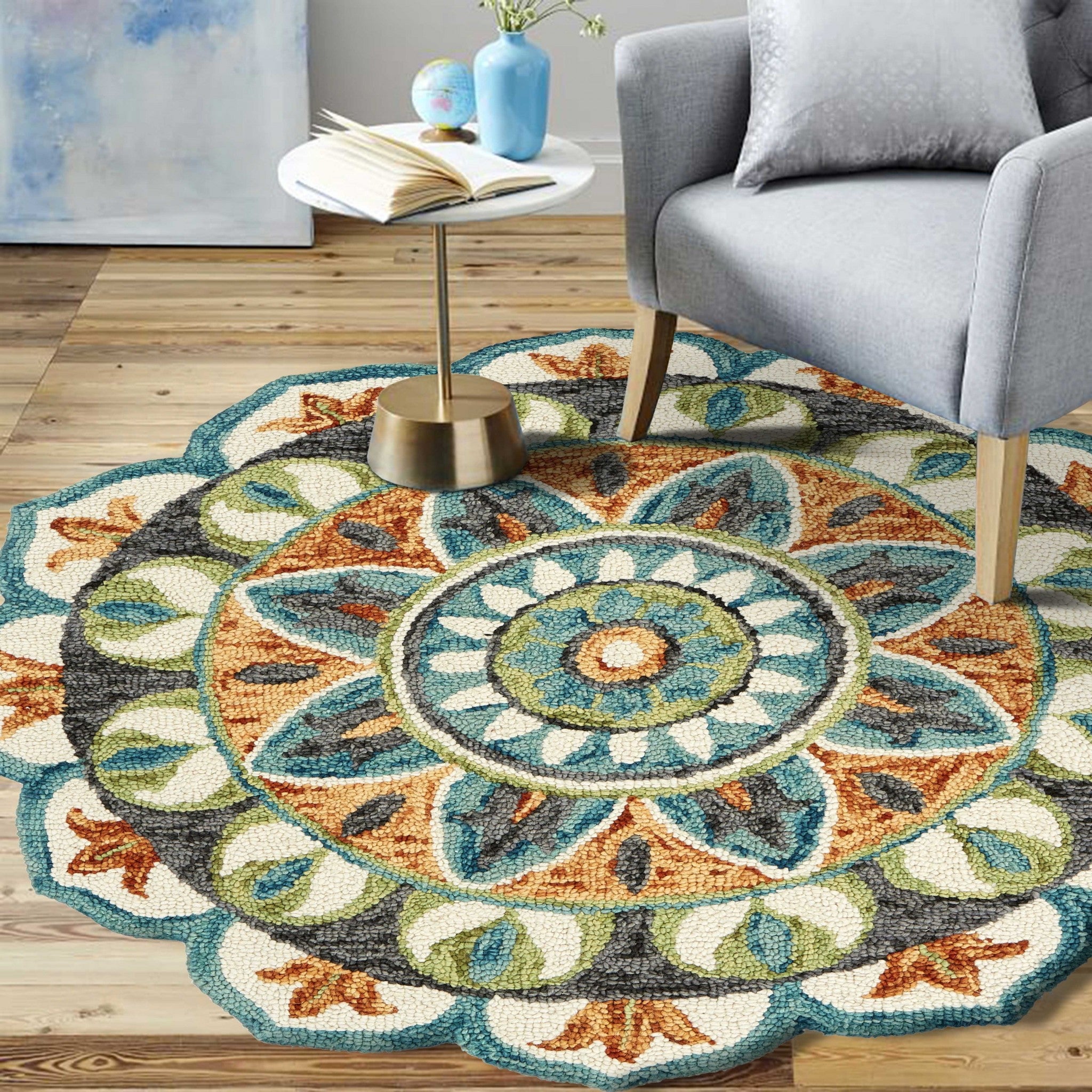 4’ Round Blue And Orange Medallion Area Rug