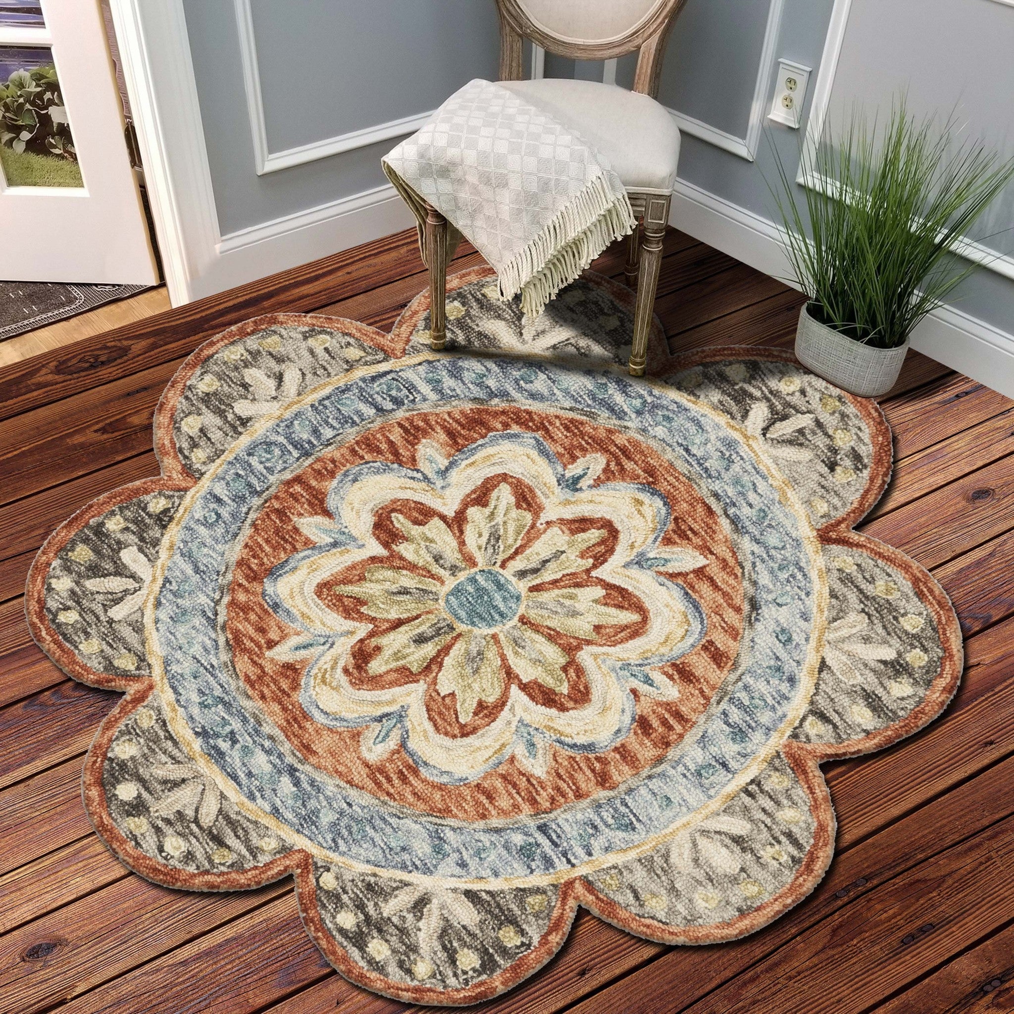 6’ Round Orange Scalloped Edge Area Rug