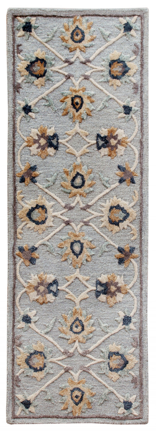 2’ X 7’ Blue And Beige Floral Runner Rug