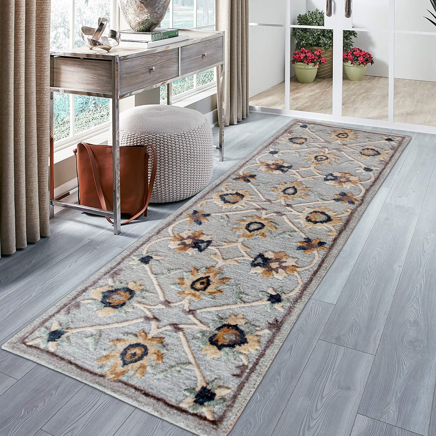 2’ X 7’ Blue And Beige Floral Runner Rug