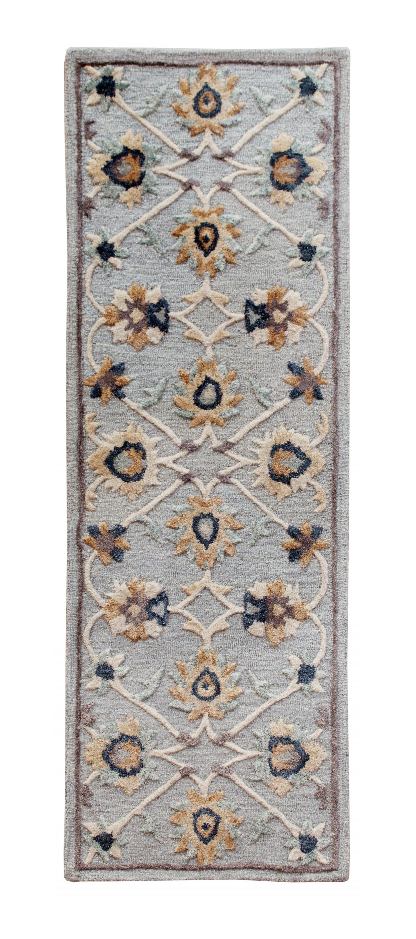 2’ X 7’ Blue And Beige Floral Runner Rug