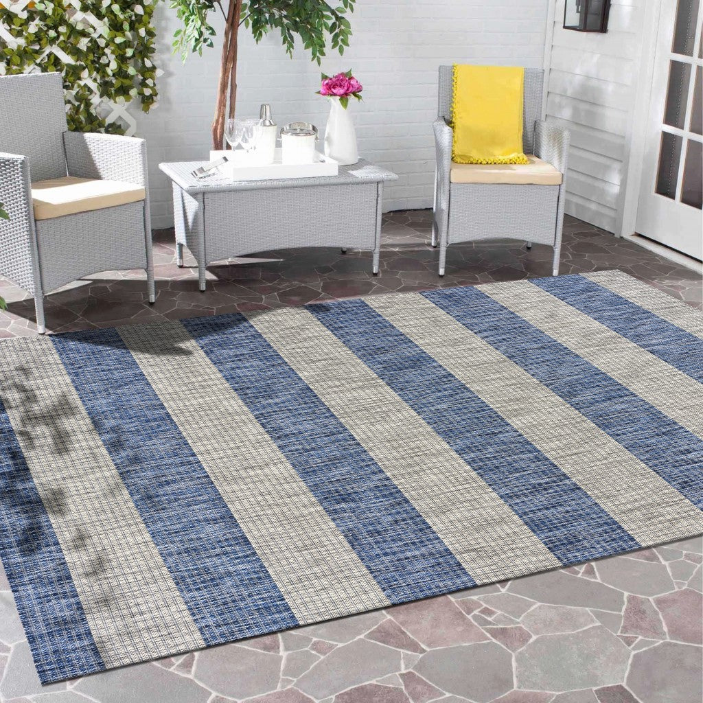 8' X 10' Blue And Gray Striped Indoor Outdoor Area Rug