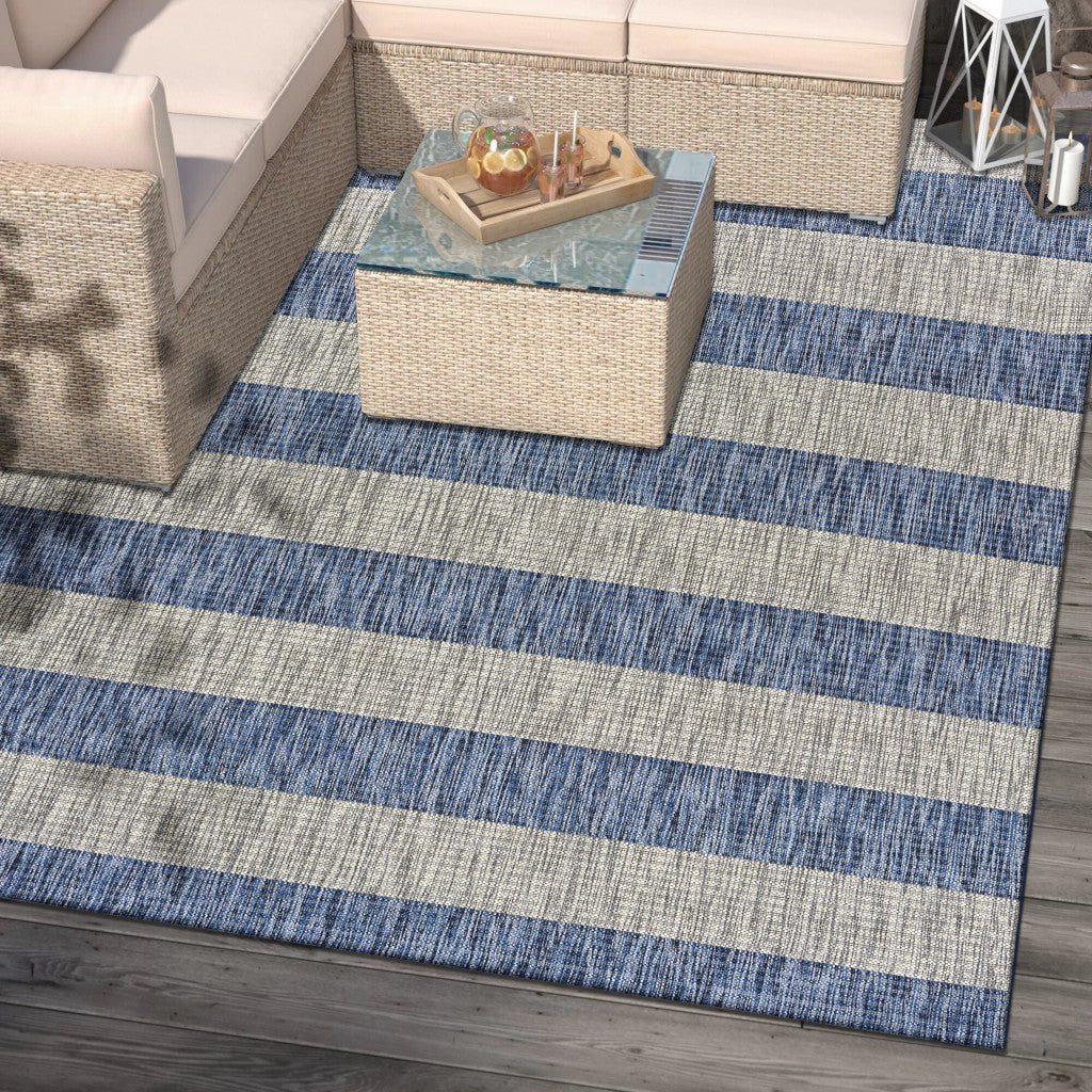 8' X 10' Blue And Gray Striped Indoor Outdoor Area Rug