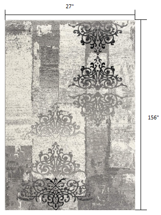 2’ X 13’ Gray Faded Filigree Pattern Runner Rug