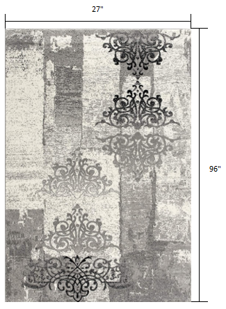 2’ X 8’ Gray Faded Filigree Pattern Runner Rug