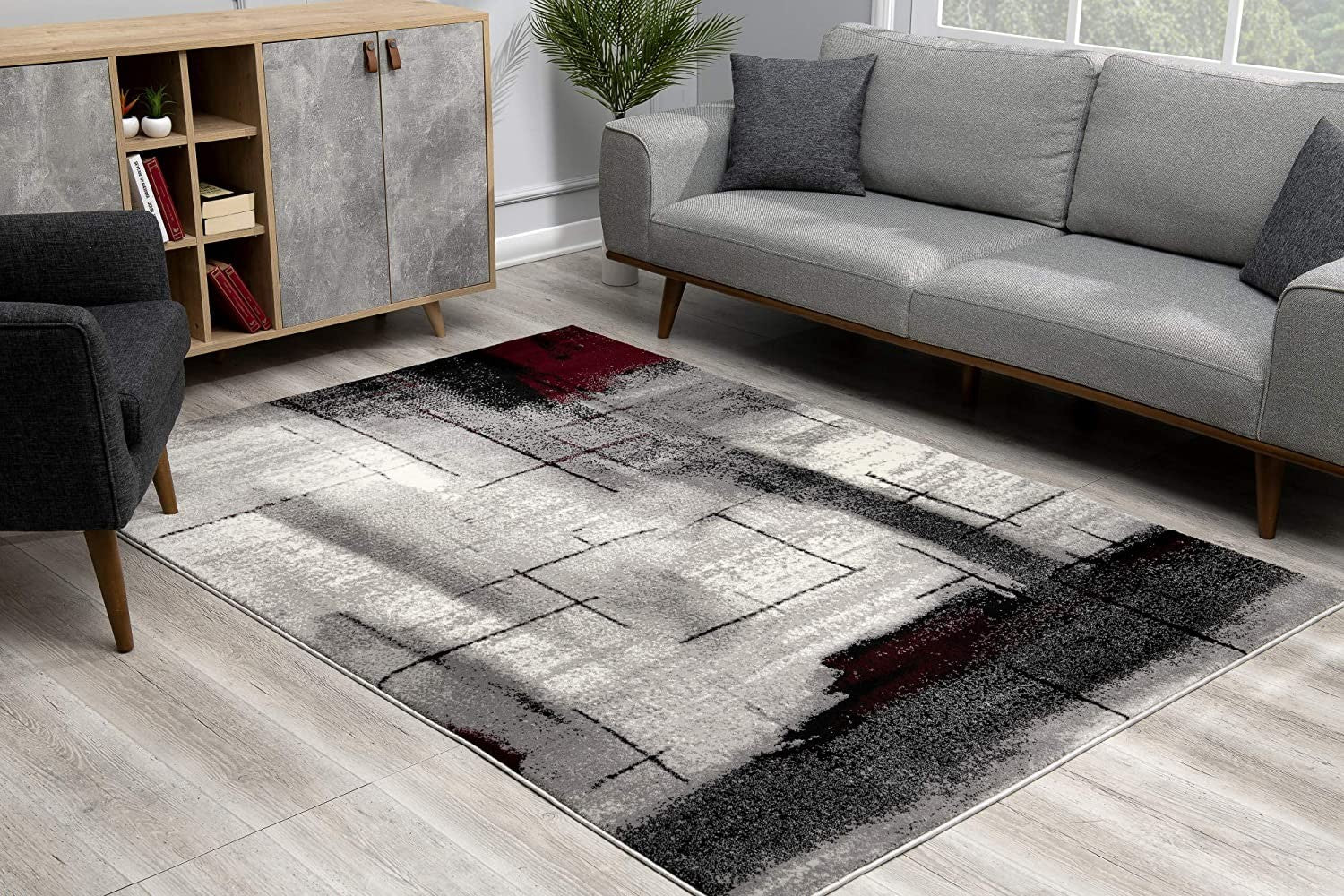 2’ X 6’ Gray And Burgundy Abstract Area Rug