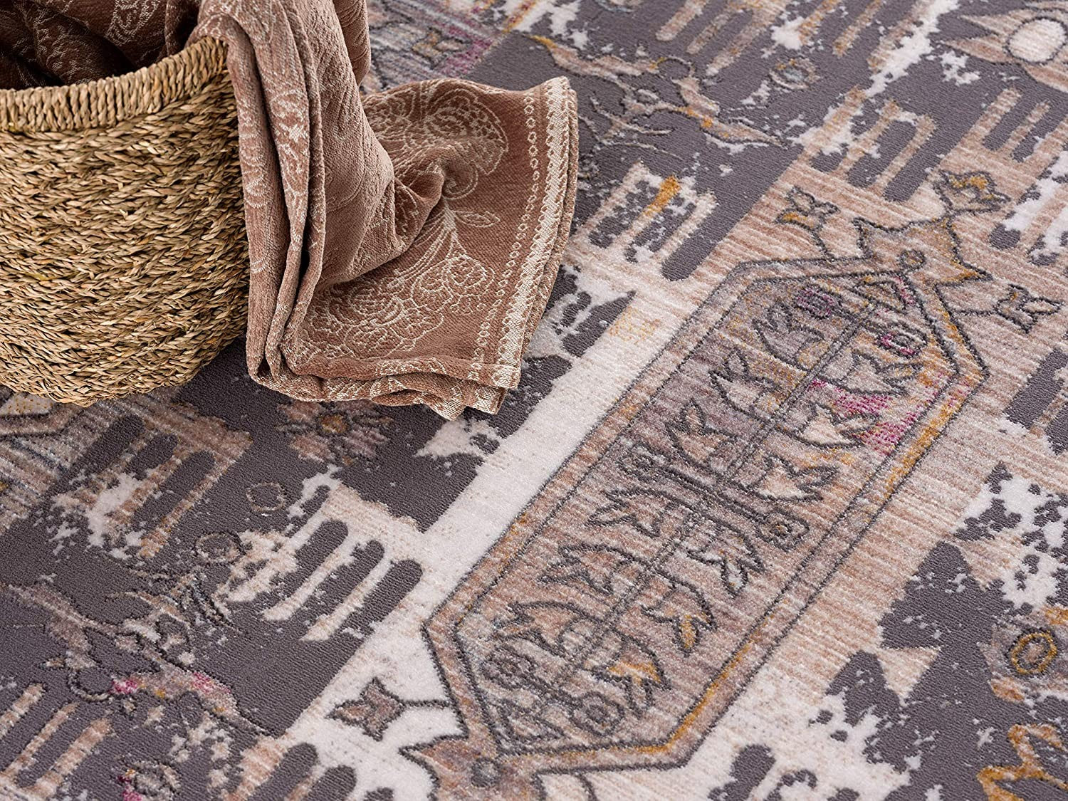 2’ x 10’ Gray Faded Tribal Motifs Runner Rug