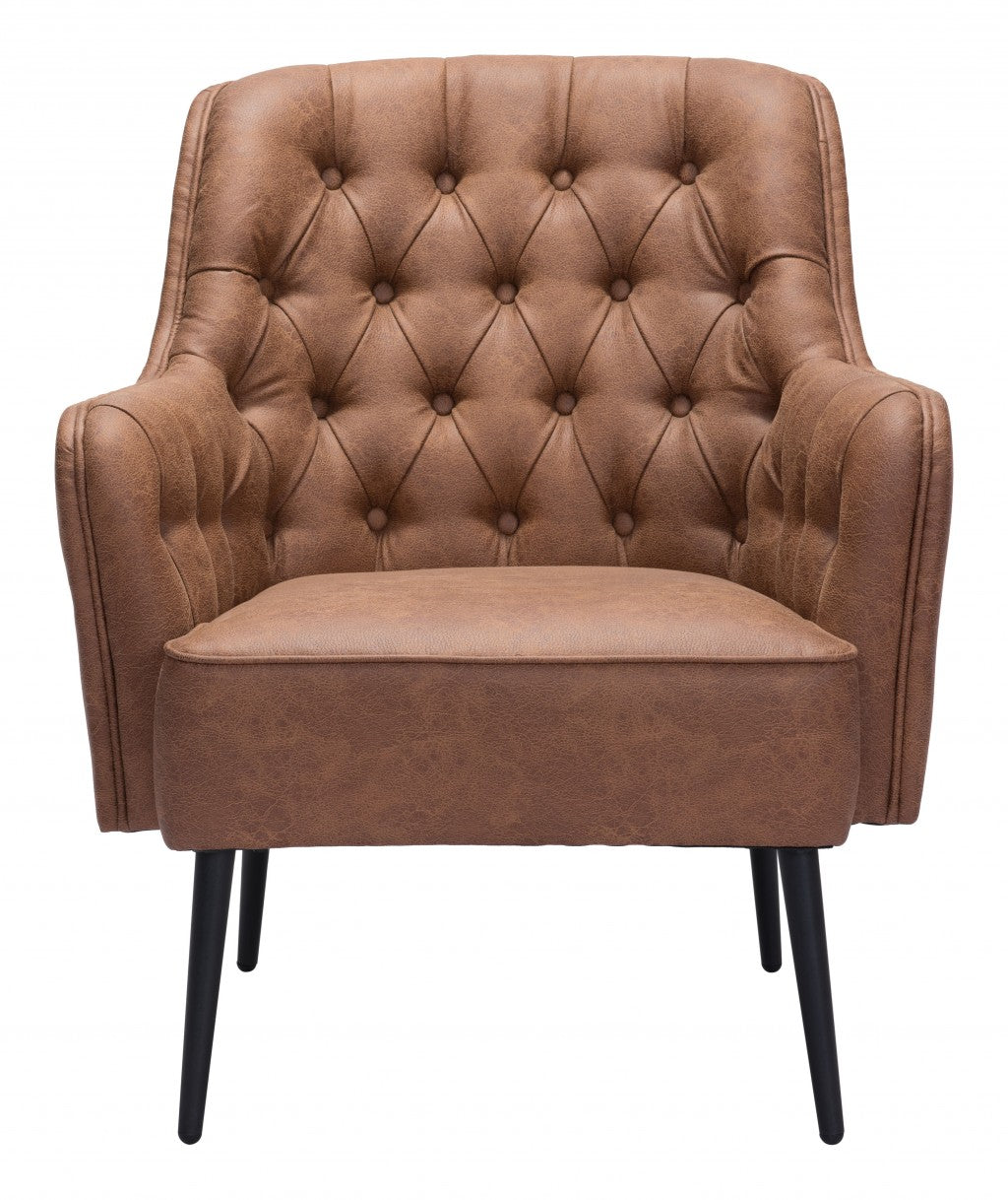 29" Brown Faux Leather And Gold Tufted Arm Chair