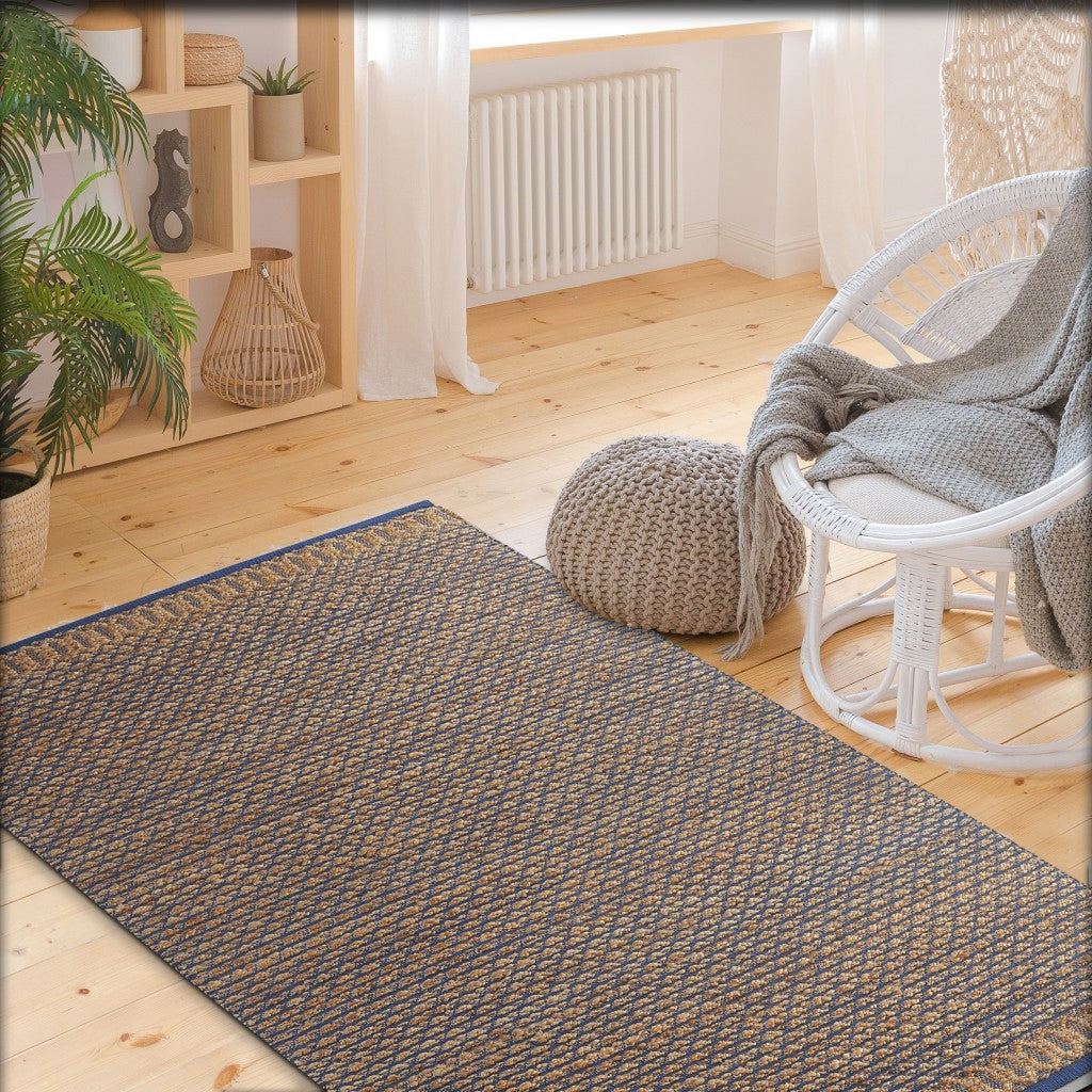 8’ x 10’ Tan and Blue Detailed Lattice Area Rug