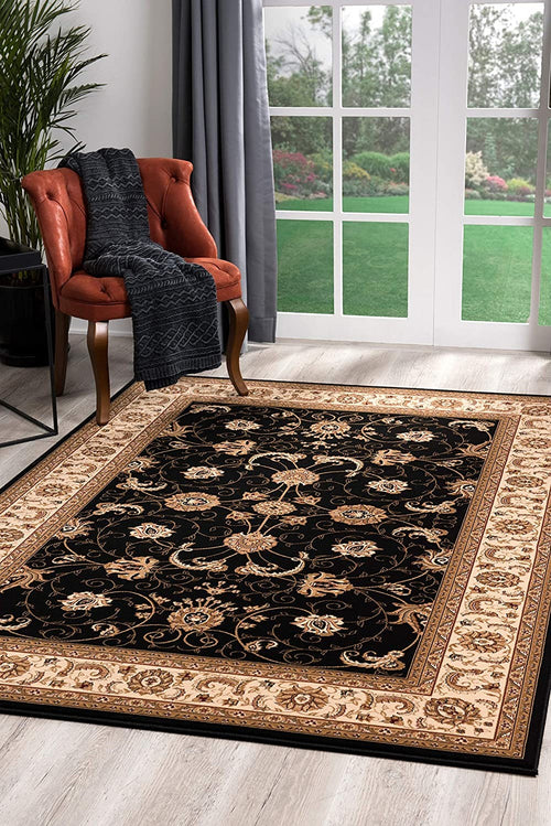 2’ x 10’ Black and Tan Floral Vines Runner Rug