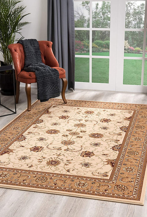 2’ x 13’ Cream and Tan Ornate Border Runner Rug