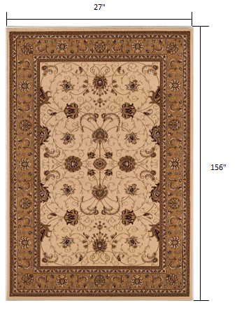 2’ x 13’ Cream and Tan Ornate Border Runner Rug