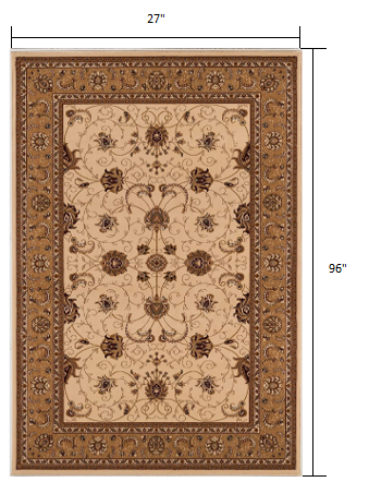 2’ x 8’ Cream and Tan Ornate Border Runner Rug