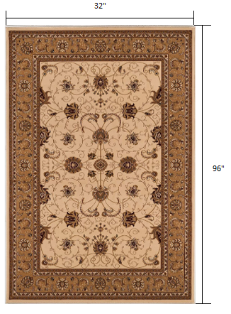 3’ x 8’ Cream and Tan Ornate Border Runner Rug