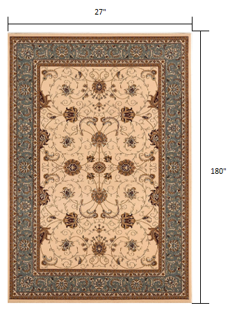 2’ x 15’ Cream and Blue Traditional Runner Rug