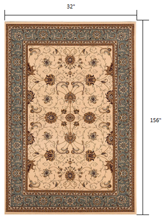 3’ x 13’ Cream and Blue Traditional Runner Rug