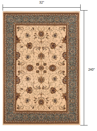 3’ x 20’ Cream and Blue Traditional Runner Rug