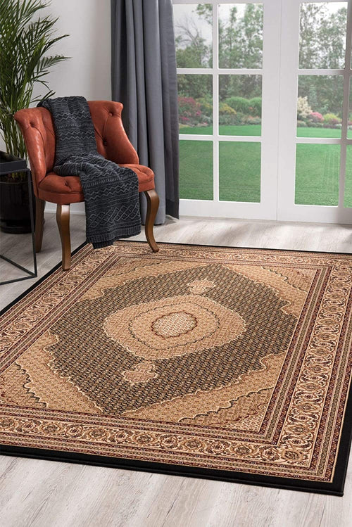 2’ x 10’ Black and Beige Medallion Runner Rug