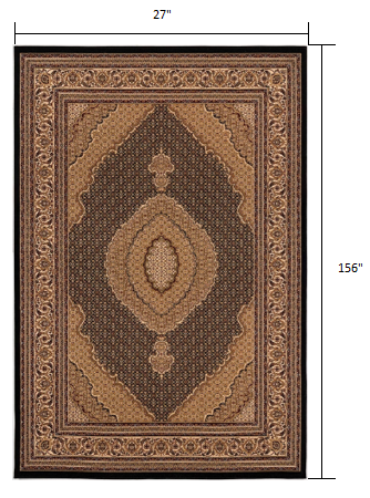 2’ x 13’ Black and Beige Medallion Runner Rug