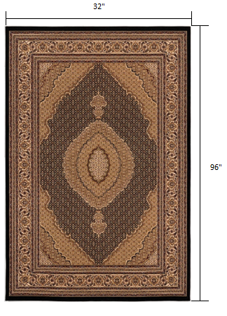 3’ x 8’ Black and Beige Medallion Runner Rug