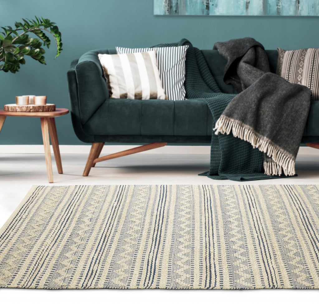 8’ x 10’ Blue and Beige Chevron Striped Area Rug