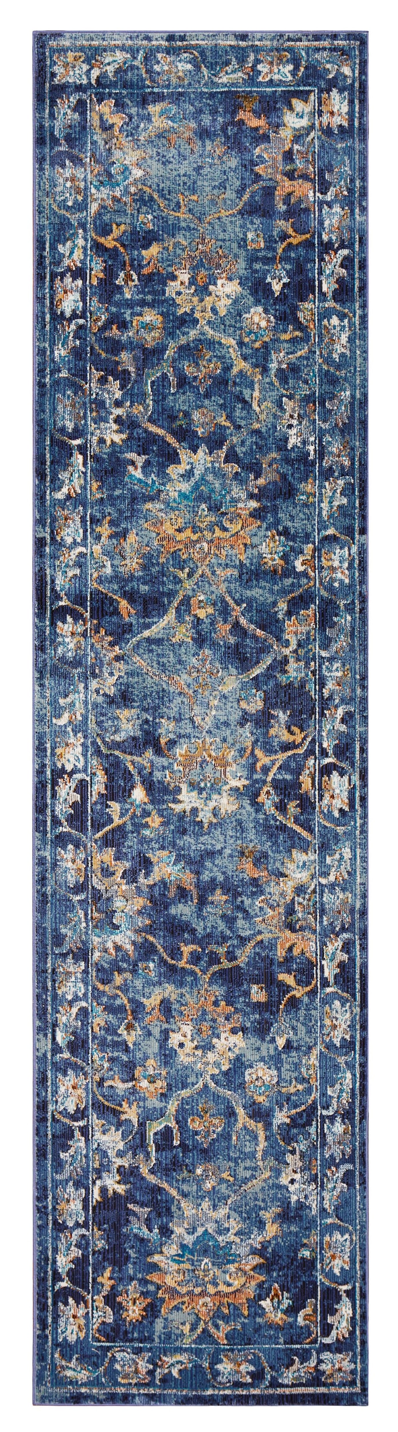 2’ x 9’ Blue and Gold Jacobean Runner Rug