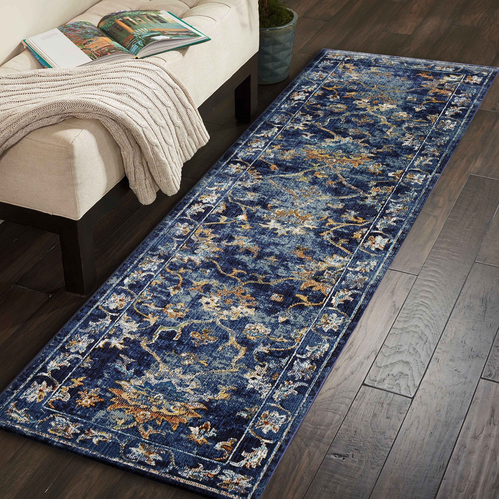 2’ x 9’ Blue and Gold Jacobean Runner Rug