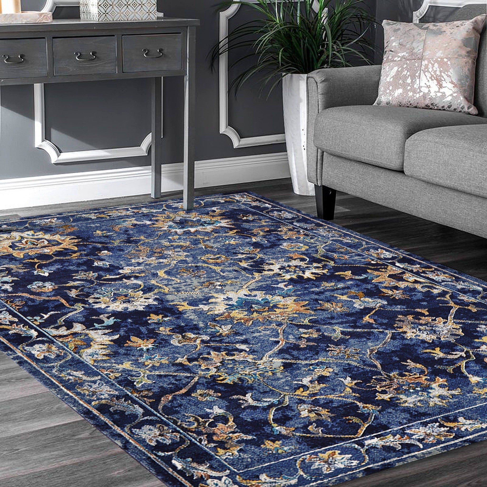 4’ x 6’ Blue and Gold Jacobean Area Rug