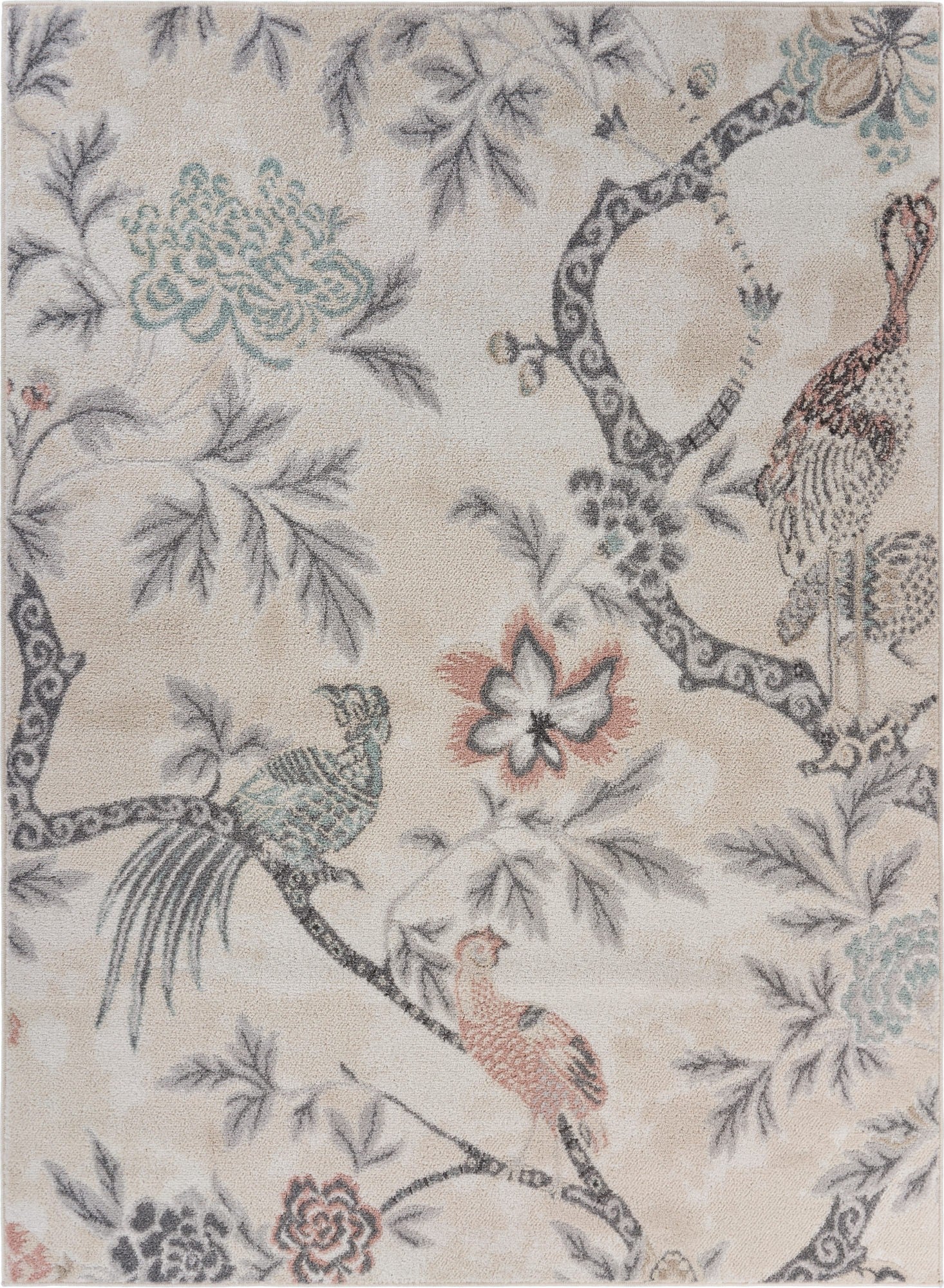 5’ x 7’ Soft Beige Birds and Trees Area Rug