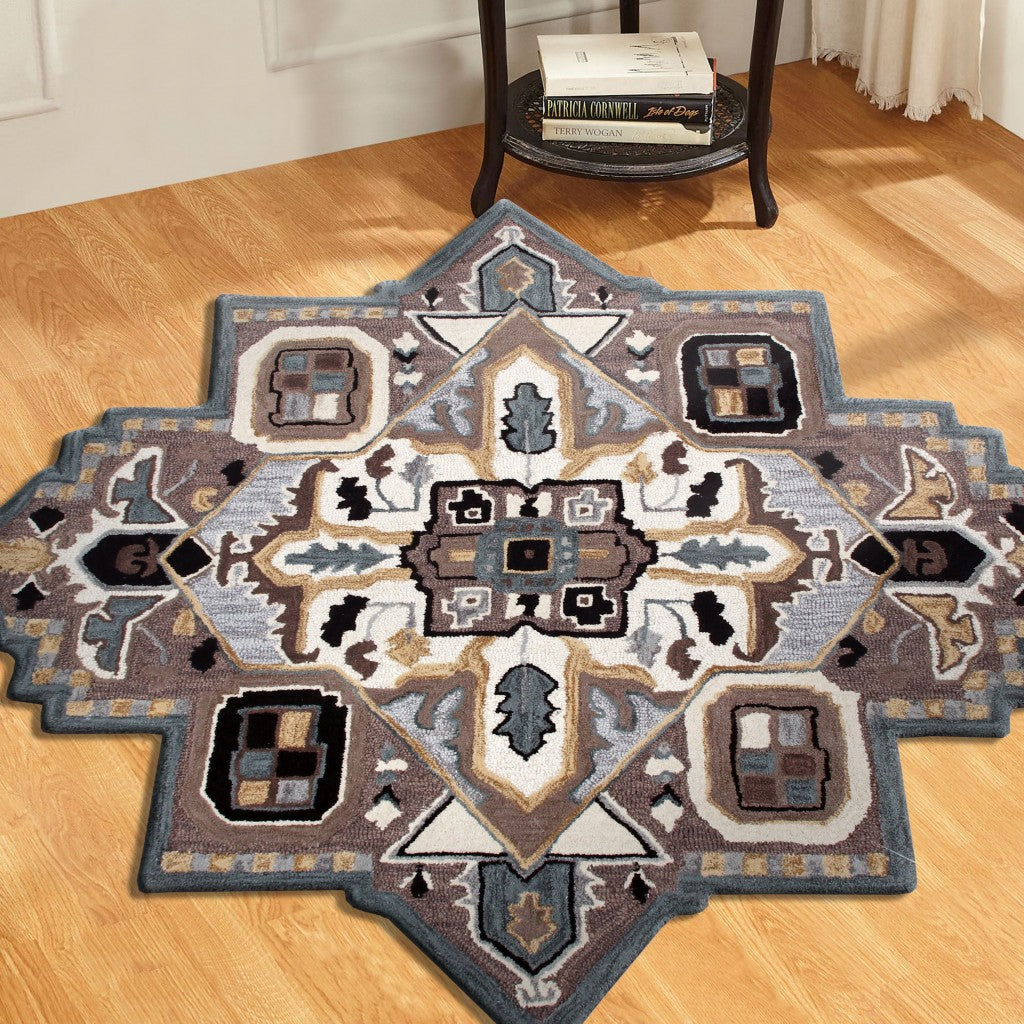 7’ Gray and Beige Medallion Area Rug