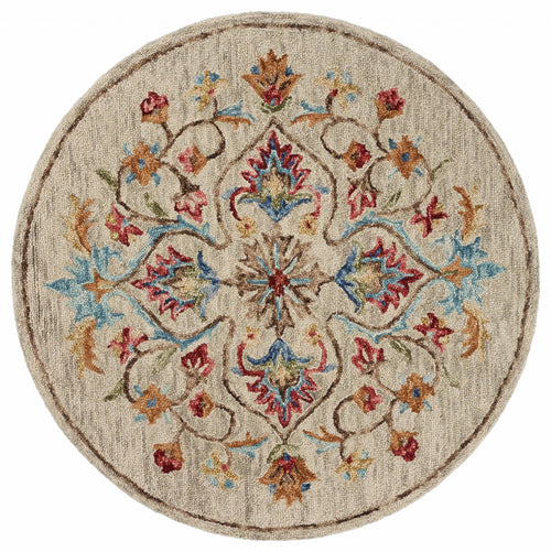 4’ Round Beige Floral Medallion Area Rug