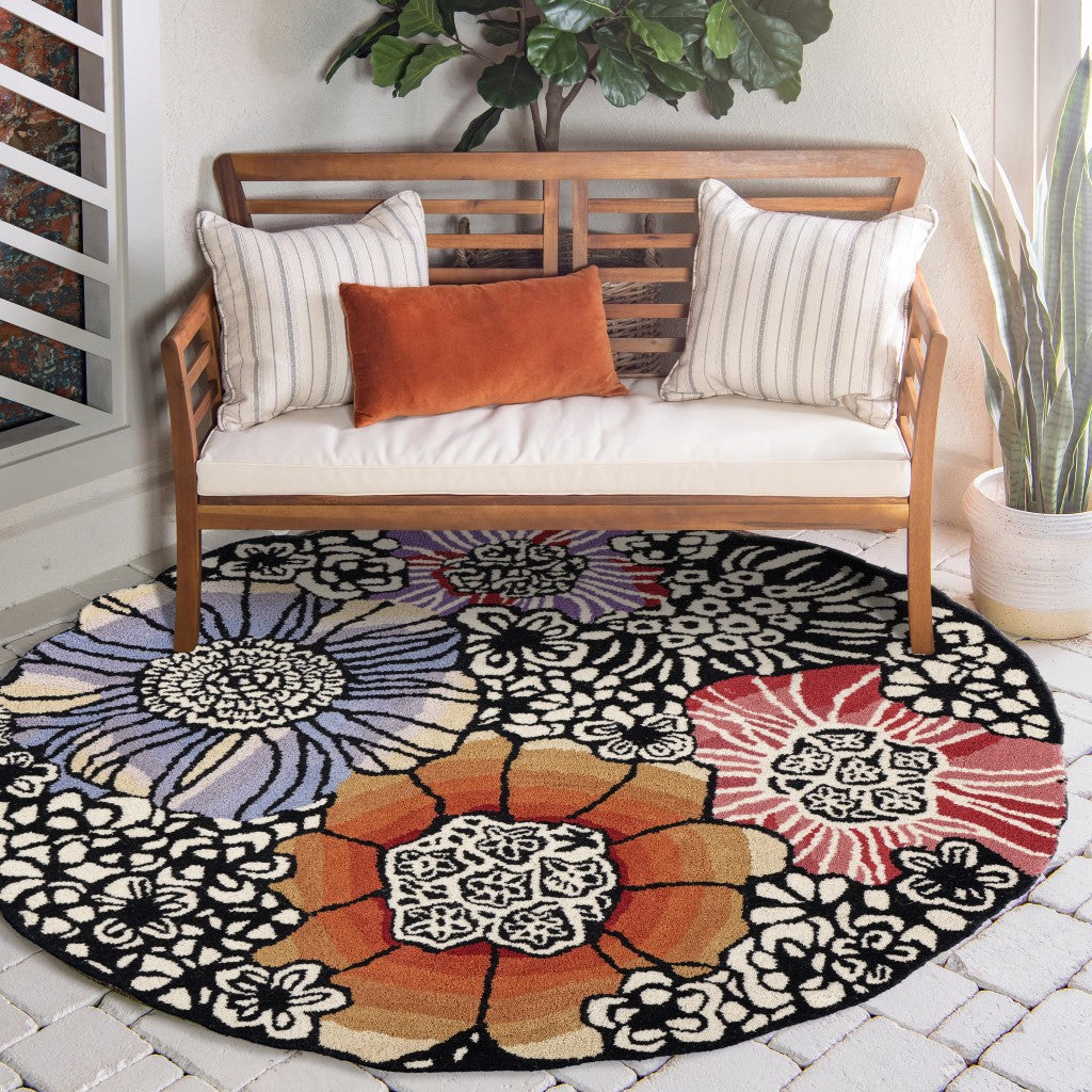 6’ Round Red and Black Floral Blossom Area Rug