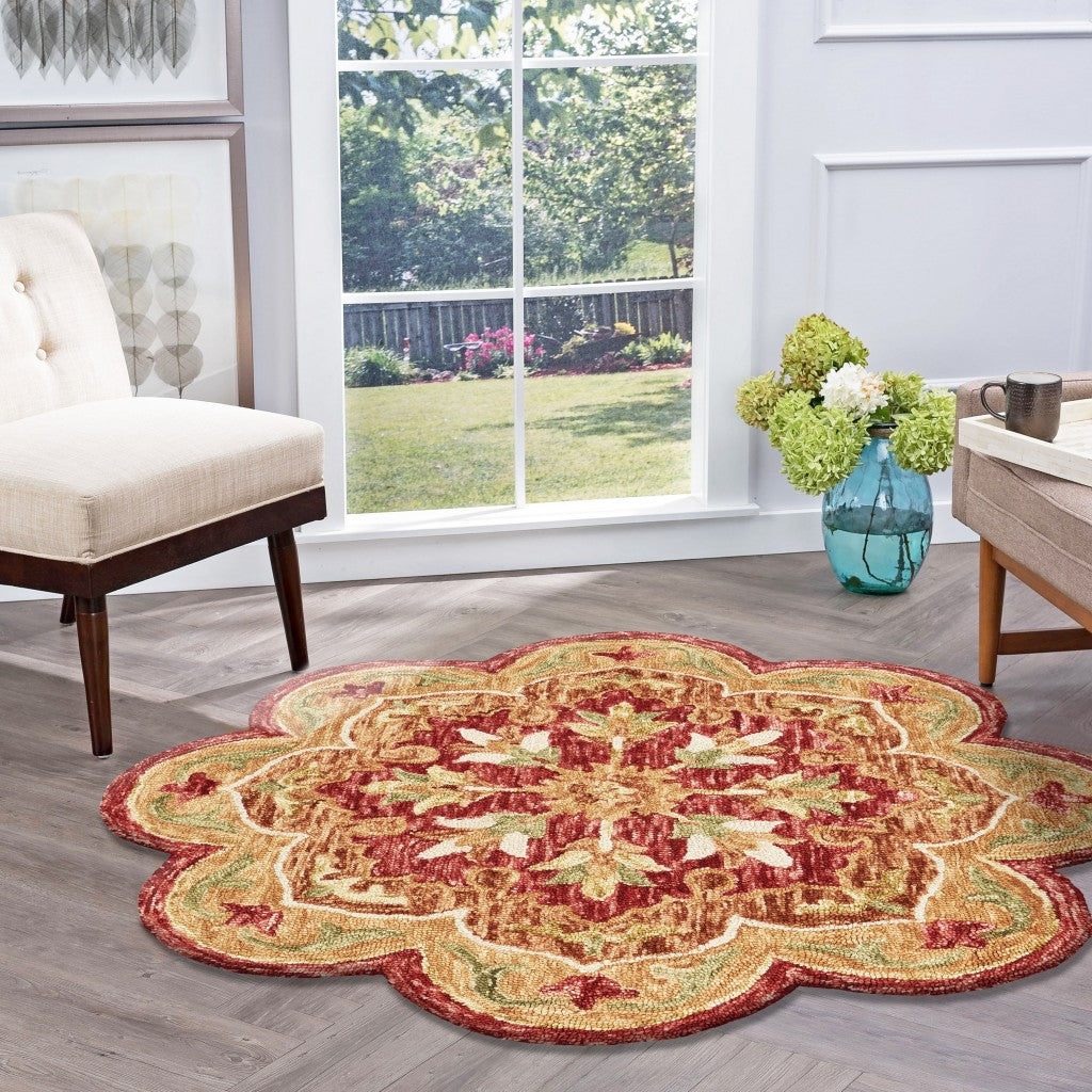 6’ Round Rustic Red Scalloped Edge Area Rug