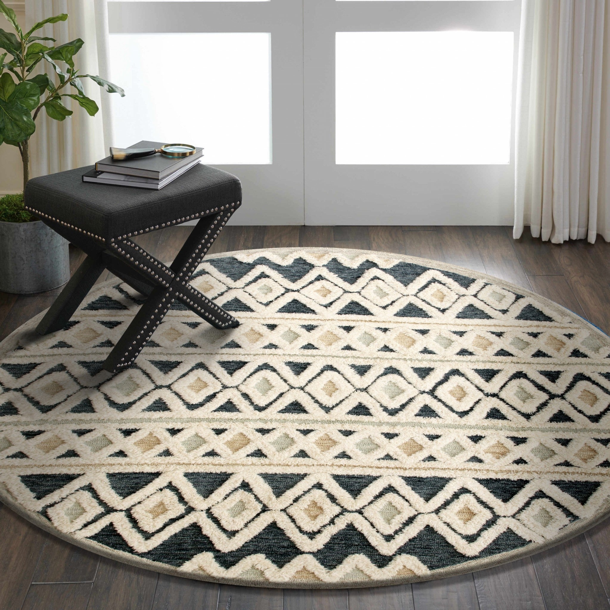 6’ Round Blue and Cream Striped Diamonds Area Rug