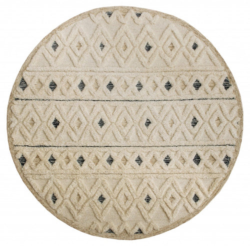 6’ Round Cream and Blue Striped Diamonds Area Rug