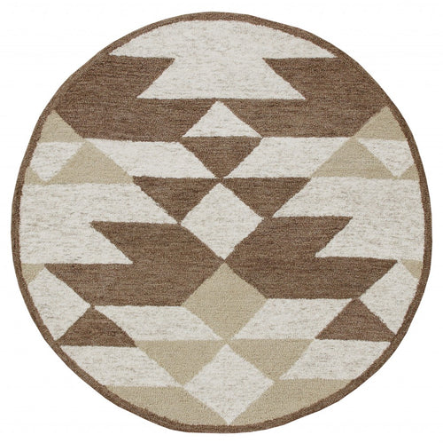 6' Brown And Ivory Round Wool Hand Tufted Area Rug